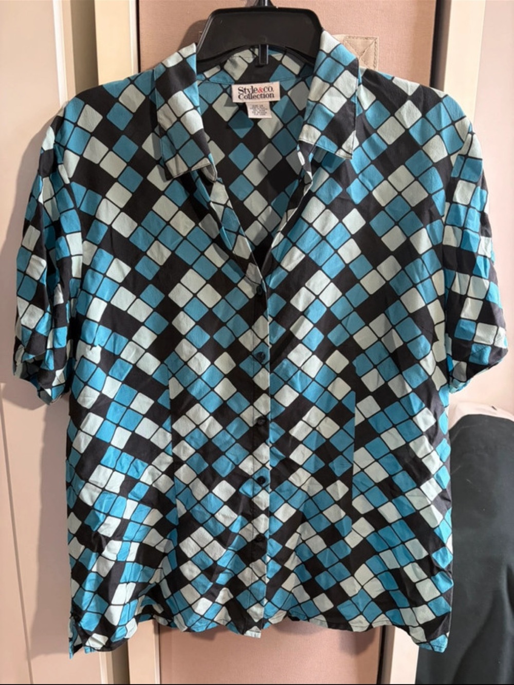 Unisex Blue Geometric Short-Sleeve Silk Shirt
